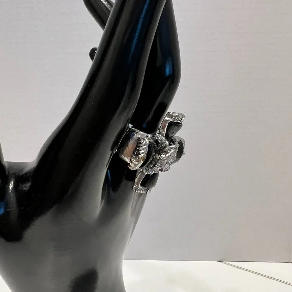 Large Silver & Black Cross w/Rhinestones‎ Stretch Statement Ring